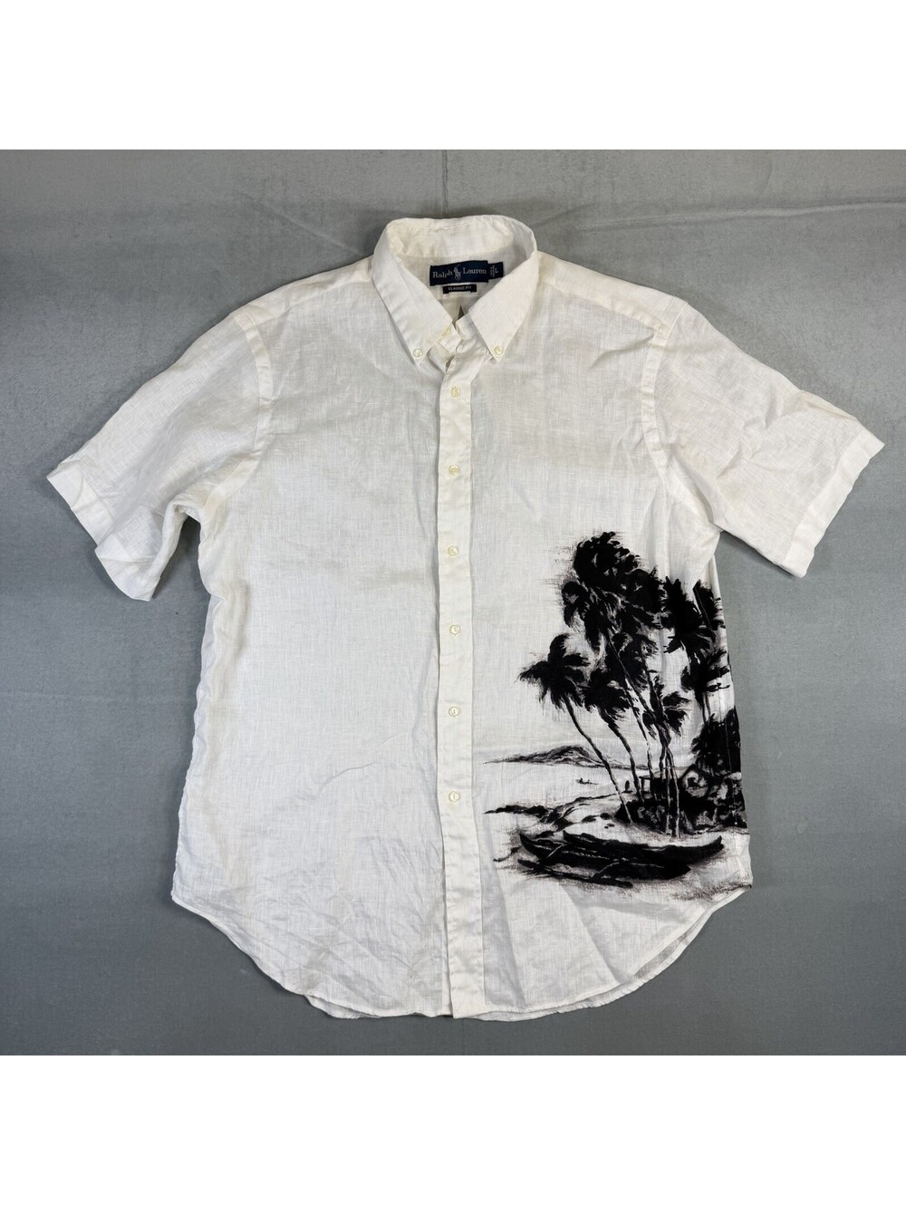 VTG Ralph Lauren Linen Shirt Mens Large White Palm Tree Short Sleeve Hawaiian